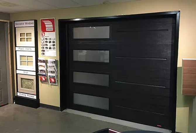 Garage door and garage door windows on display in the showroom